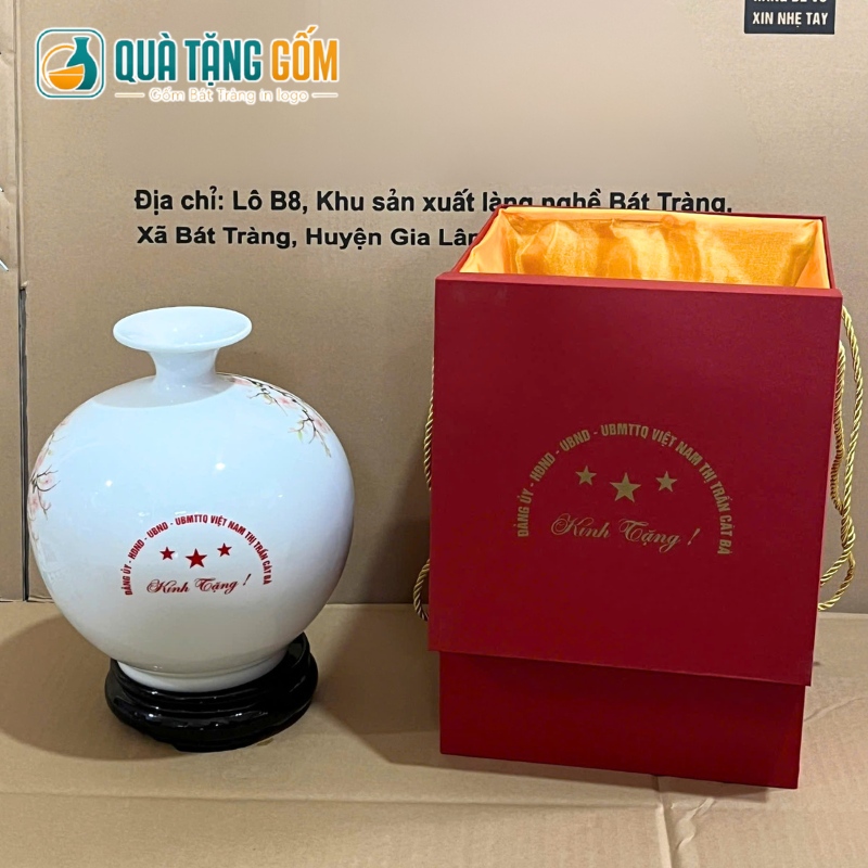 Bình hút lộc gốm sứ in logo men trắng vẽ tay hoa đào chim xuân 25cm QTG-BHL06 - Ảnh 4
