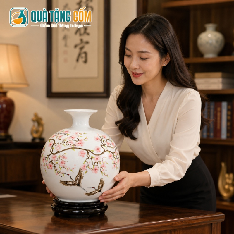 Bình hút lộc gốm sứ in logo men trắng vẽ tay hoa đào chim xuân 25cm QTG-BHL06 - Ảnh 9