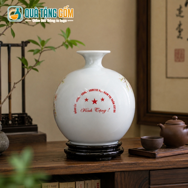 Bình hút lộc gốm sứ in logo men trắng vẽ tay hoa đào chim xuân 25cm QTG-BHL06 - Ảnh 6