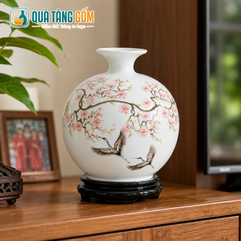 Bình hút lộc gốm sứ in logo men trắng vẽ tay hoa đào chim xuân 25cm QTG-BHL06 - Ảnh 5