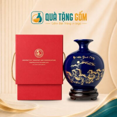 Bình hút lộc in logo men xanh dương Mã Đáo Thành Công vẽ vàng 26cm QTG-BHL01