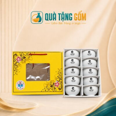 Bộ 10 chén cơm Bát Tràng in logo men sứ trắng trơn QTG-BC04