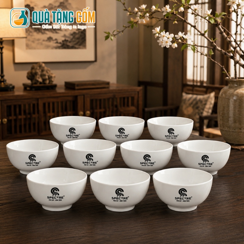 Bộ 10 chén cơm Bát Tràng in logo men sứ trắng trơn QTG-BC04 - Ảnh 3
