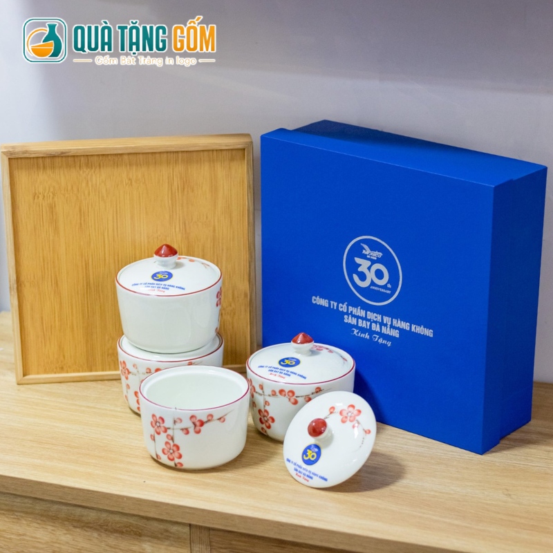 Bộ 4 hũ mứt quà tặng in logo dáng tròn vẽ hoa đào hồng QTG-KM01 - Ảnh 7