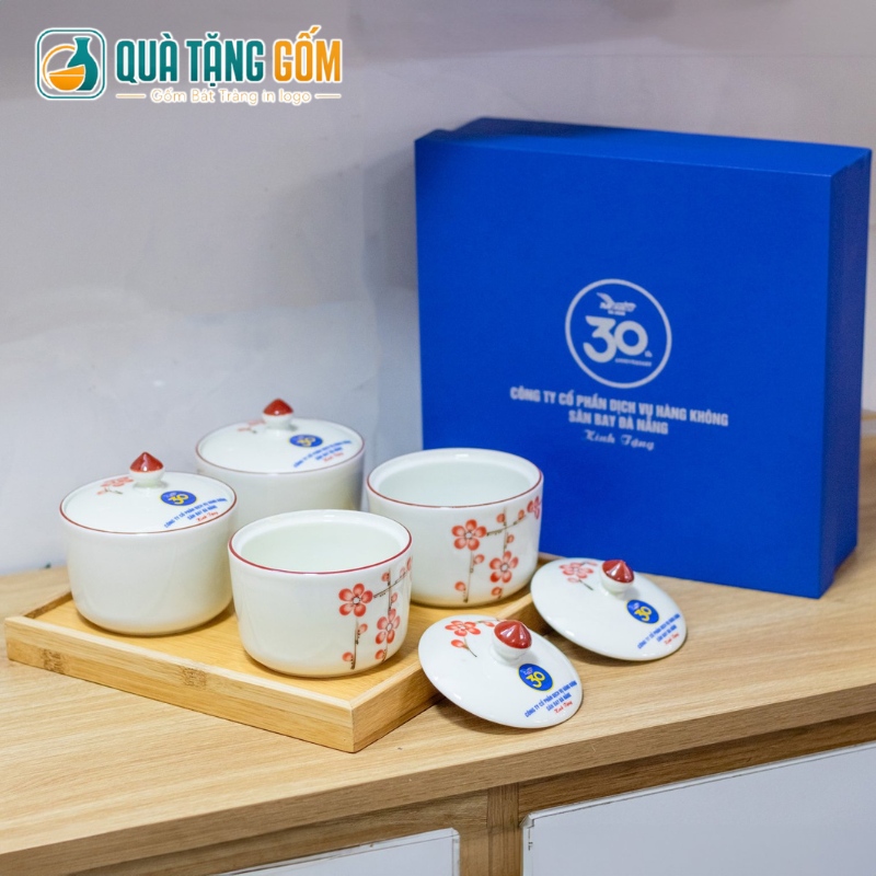 Bộ 4 hũ mứt quà tặng in logo dáng tròn vẽ hoa đào hồng QTG-KM01 - Ảnh 8