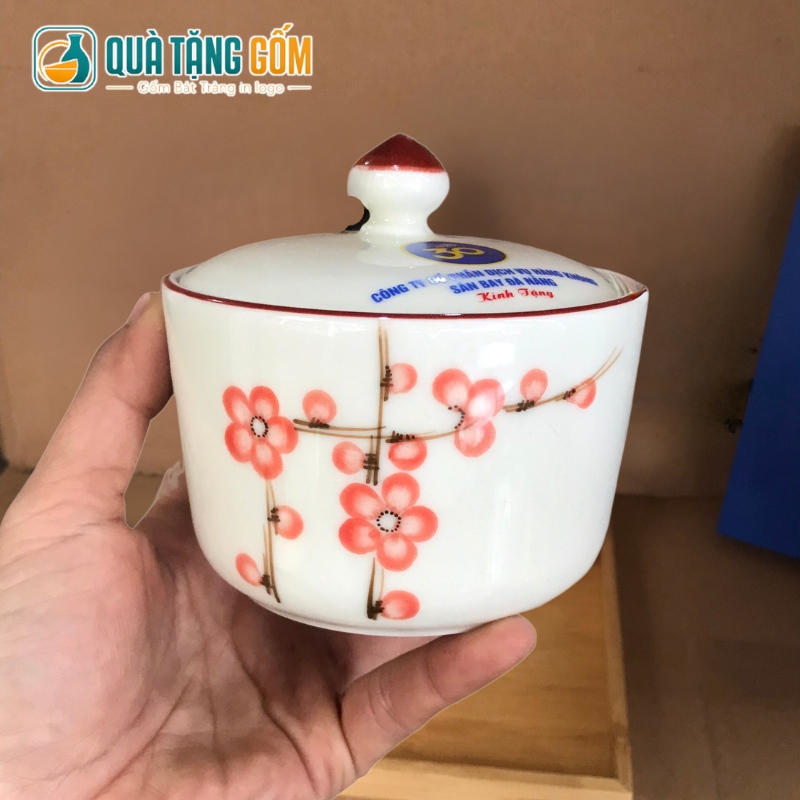 Bộ 4 hũ mứt quà tặng in logo dáng tròn vẽ hoa đào hồng QTG-KM01 - Ảnh 2