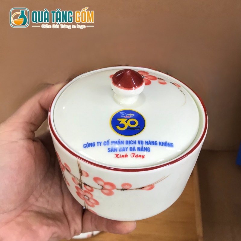 Bộ 4 hũ mứt quà tặng in logo dáng tròn vẽ hoa đào hồng QTG-KM01 - Ảnh 3