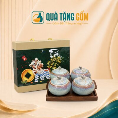 Bộ 4 hũ mứt sứ quà tặng men hỏa biến xanh tím kèm khay gỗ QTG-KM04