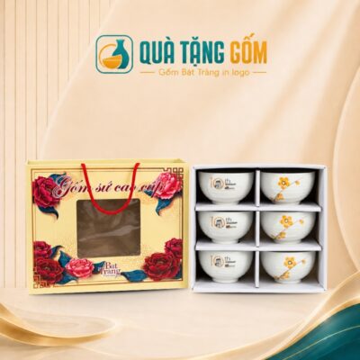 Bộ 6 bát cơm gốm sứ in logo men kem hoa đào vàng vẽ tay QTG-BC02