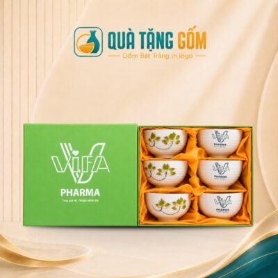 Bộ 6 bát cơm gốm sứ in logo men kem vẽ tay hoa sen vàng QTG-BC01