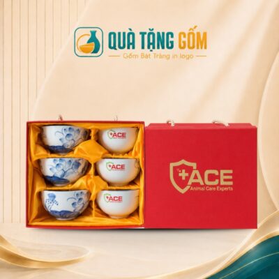Bộ 6 chén cơm gốm sứ in logo men sứ trắng hoa sen xanh vẽ tay QTG-BC03