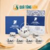 Bộ ấm chén Bát Tràng in logo quà tặng vẽ tay cành trúc dáng giỏ cá men tiêu QTG-AC01