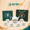 Bộ ấm chén quà tặng in logo dáng Minh Long hoa mai vàng decal QTG-AC06