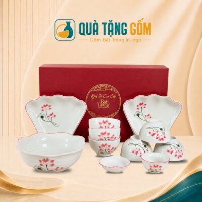 Bộ bàn ăn Bát Tràng in logo 11 món họa tiết sen hồng vẽ tay QTG-BD03