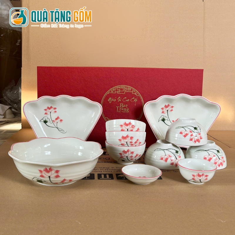 Bộ bàn ăn Bát Tràng in logo 11 món họa tiết sen hồng vẽ tay QTG-BD03 - Ảnh 7