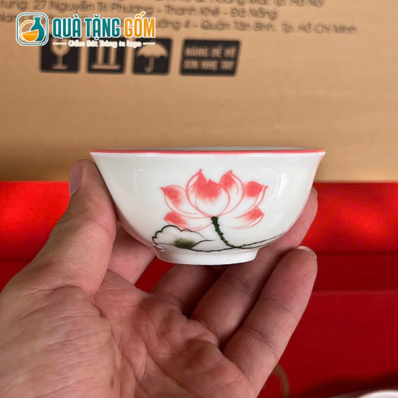 Bộ bàn ăn Bát Tràng in logo 11 món họa tiết sen hồng vẽ tay QTG-BD03 - Ảnh 6