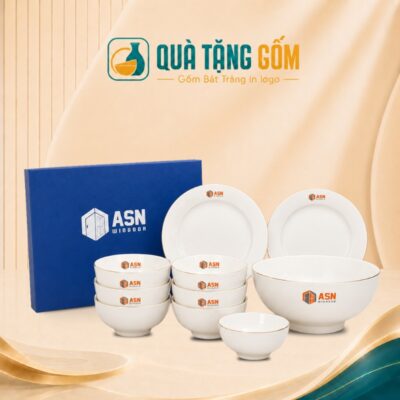 Bộ bát đĩa gốm sứ in logo quà tặng 10 món cơ bản QTG-BD01