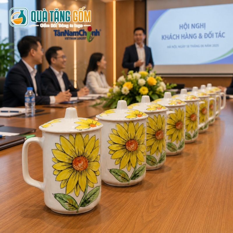 Cốc sứ in logo quà tặng dáng trụ quai vuông có nắp vẽ hoa hướng dương QTG-CS07 - Ảnh 7
