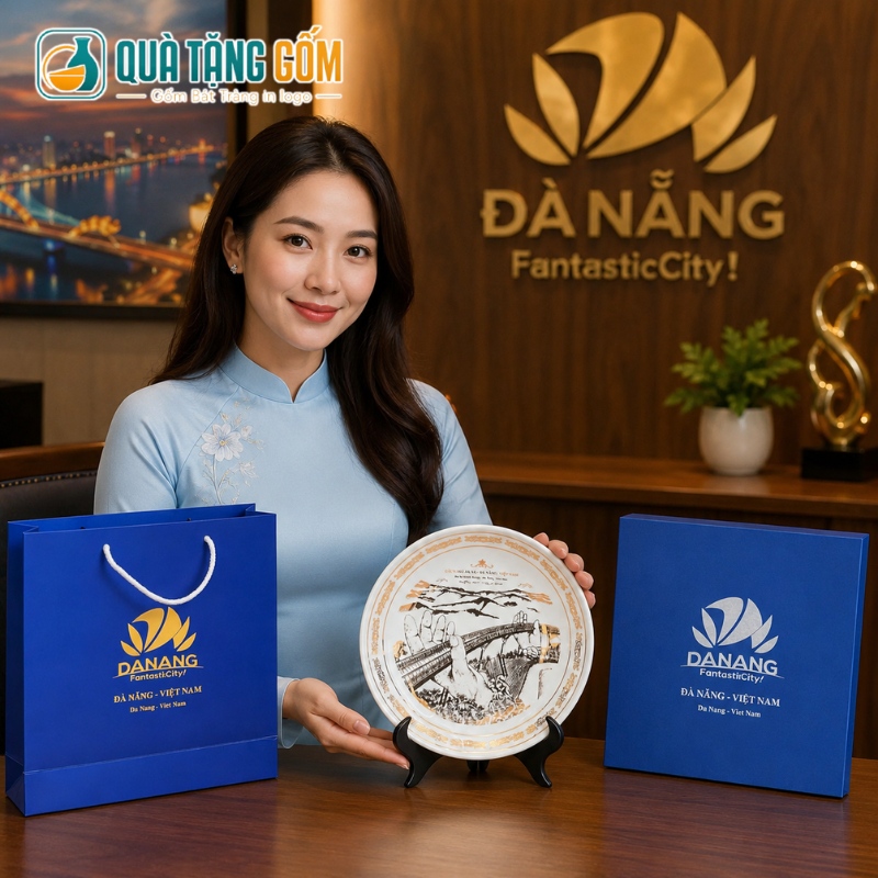 Đĩa sứ biểu trưng quà tặng in logo men trắng in Cầu Vàng Bà Nà vàng kim QTG-DBT01 - Ảnh 7
