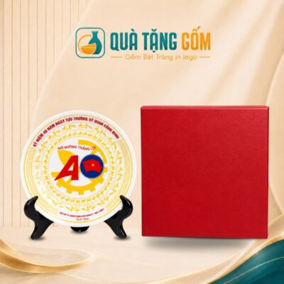 Đĩa sứ trưng bày quà tặng in logo vẽ họa tiết trống đồng phi 18cm QTG-DBT04