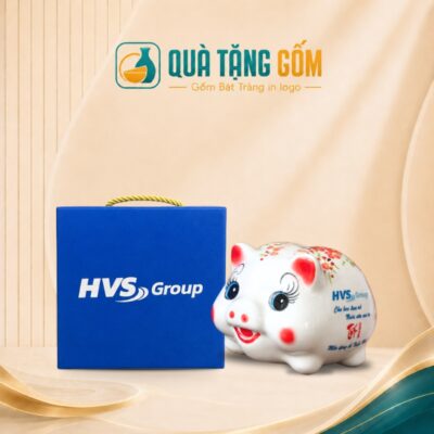Heo đất gốm sứ in logo quà tặng vẽ hoa thủ công QTG-HD03