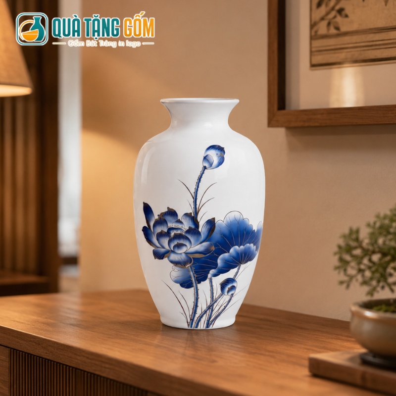 Lọ hoa in logo quà tặng dáng cổ rụt men trắng hoa sen xanh decal QTG-LH06 - Ảnh 8