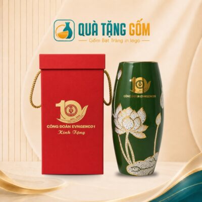 Lọ hoa in logo quà tặng men ngọc hoa sen gấm vàng QTG-LH08
