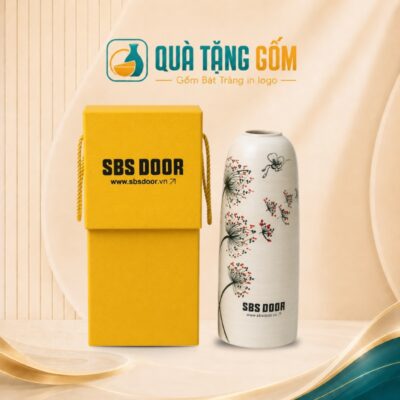 Lọ hoa quà tặng in logo dáng vò men xước họa tiết bồ công anh vẽ tay QTG-LH04