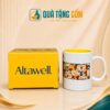Ly sứ quà tặng in logo dáng trụ quai C 350ml lòng tráng men vàng QTG-CS04