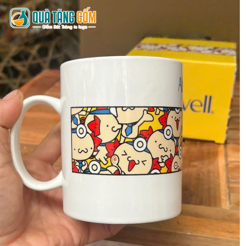 Ly sứ quà tặng in logo dáng trụ quai C 350ml lòng tráng men vàng QTG-CS04 - Ảnh 2
