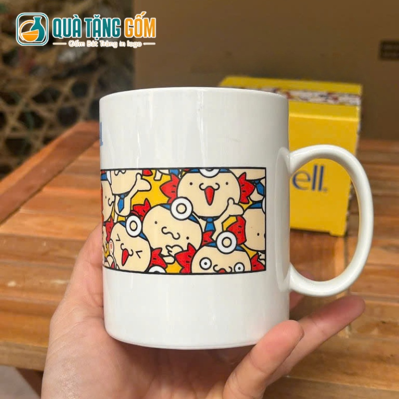 Ly sứ quà tặng in logo dáng trụ quai C 350ml lòng tráng men vàng QTG-CS04 - Ảnh 4