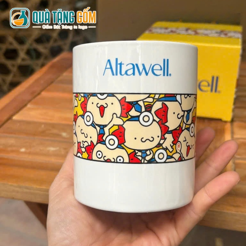 Ly sứ quà tặng in logo dáng trụ quai C 350ml lòng tráng men vàng QTG-CS04 - Ảnh 3