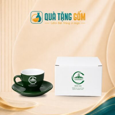 Tách sứ cafe Espresso in logo quà tặng kèm đĩa men xanh ngọc 70ml QTG-CS06